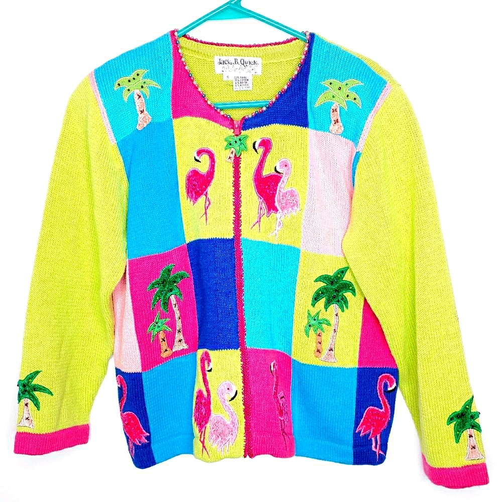 35) JACK B. QUICK Flamingo🦩🌴 embroidered beaded elaborate sweater Sz.